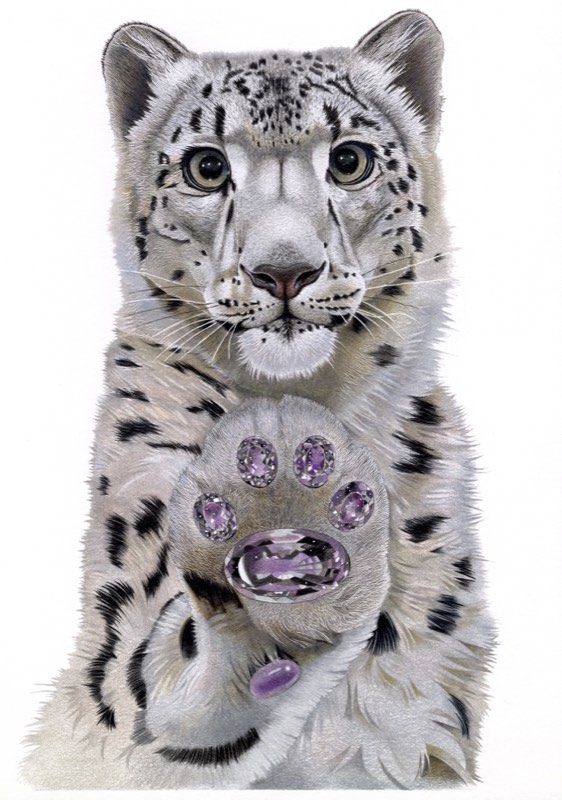 ユキヒョウ×アメシストを描いた色鉛筆作品